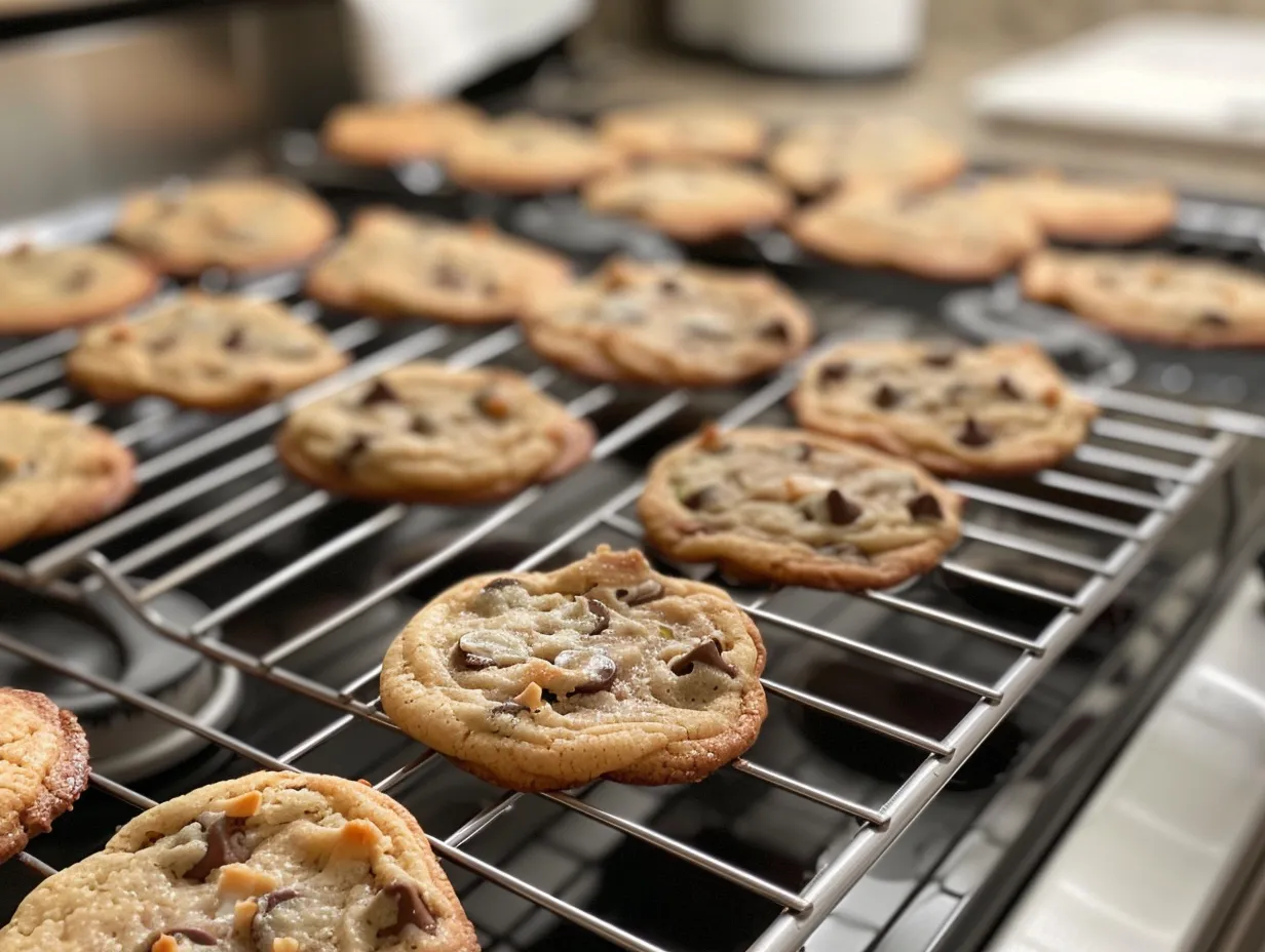 Finished zucchini chocolate chip cookies on a cooling rack.