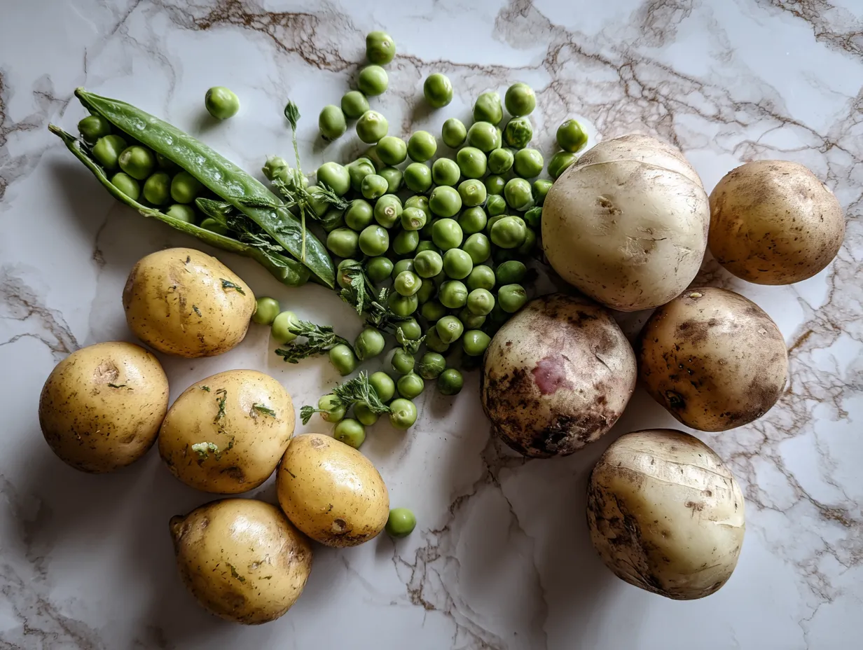 Fresh ingredients for making Greek peas stew with potatoes including dill, parsley, potatoes, garlic, and onion.