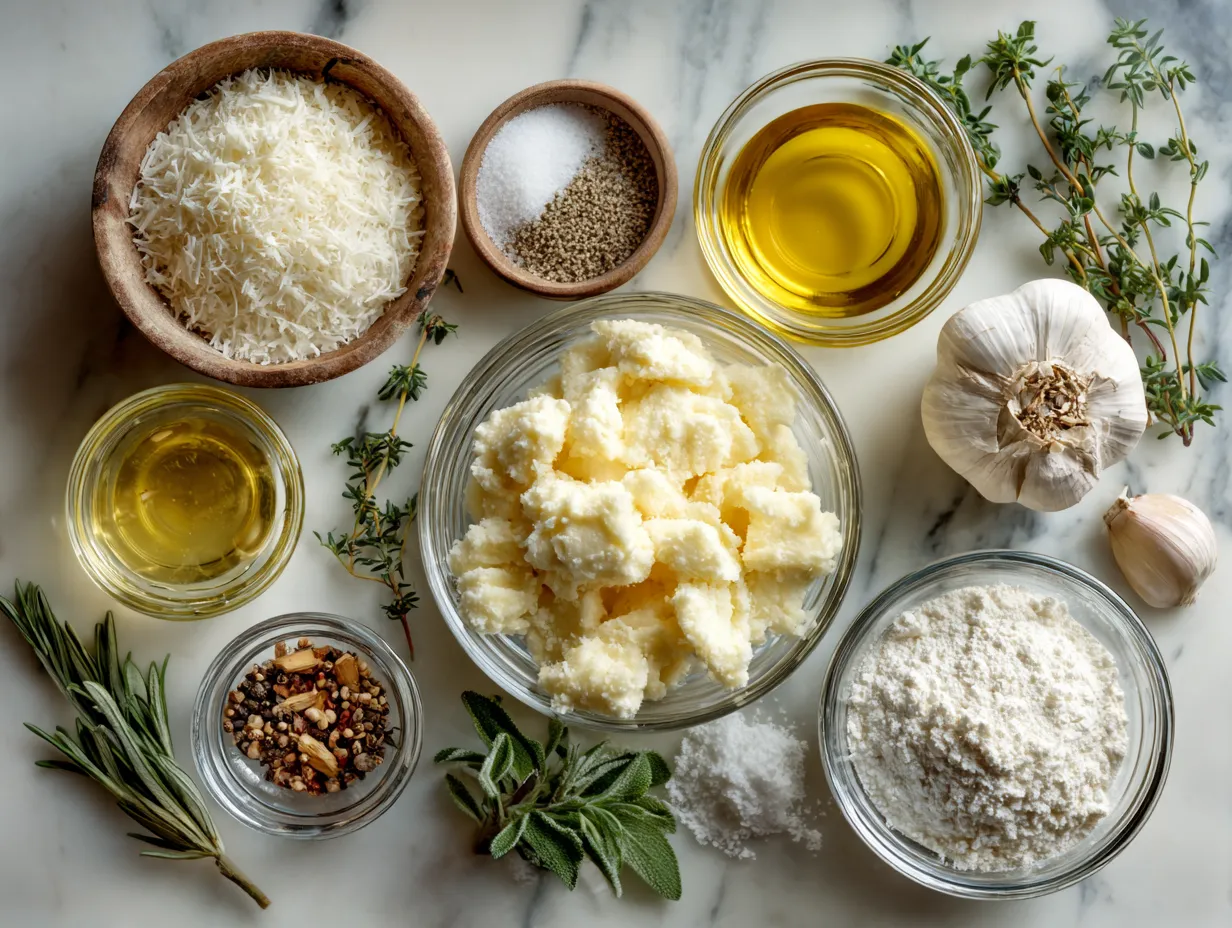Fresh ingredients including potatoes, cheese, and spices for making cheesy scalloped potatoes