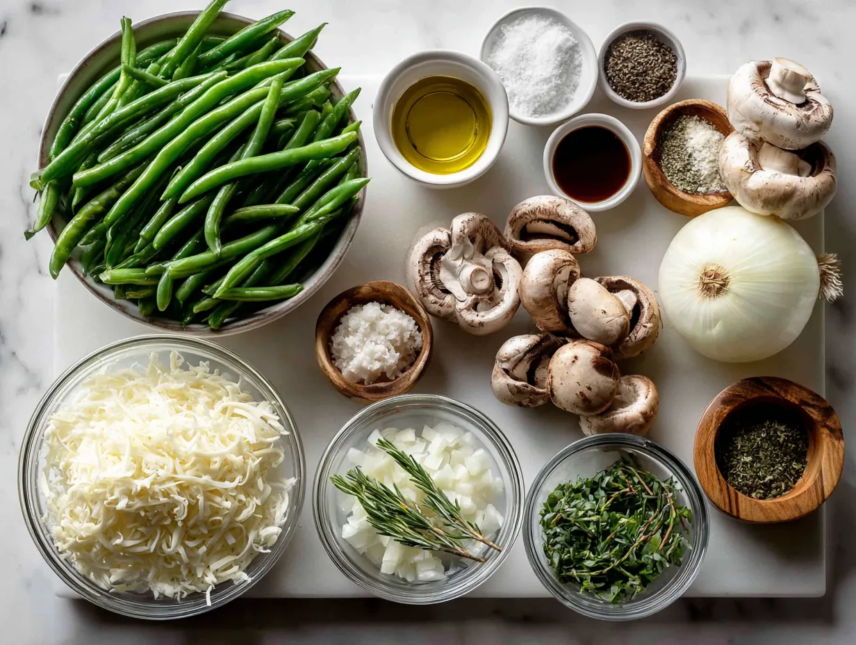 Fresh ingredients ready to make a flavorful loaded green bean casserole