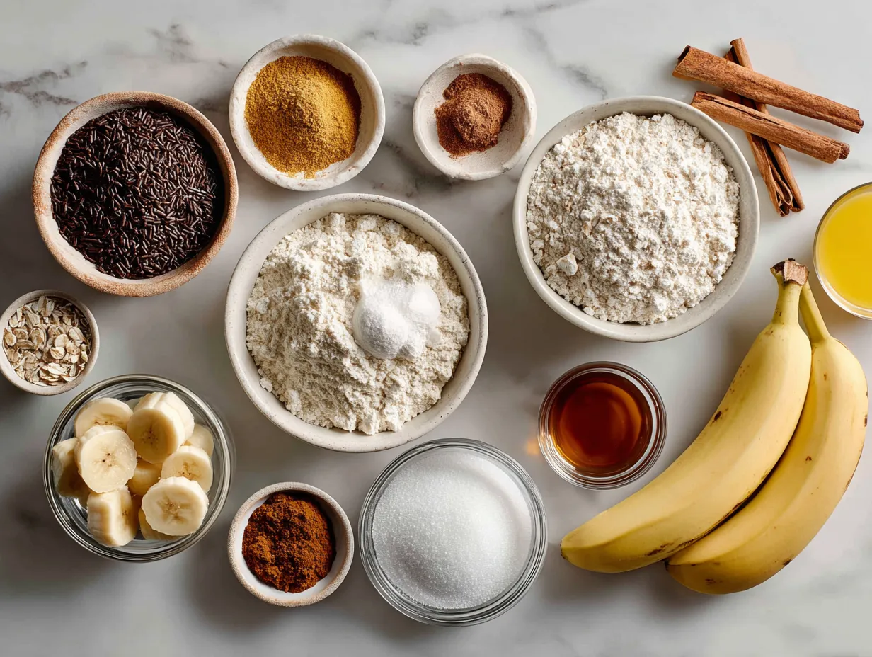 Fresh ingredients neatly arranged for making delicious protein banana bread