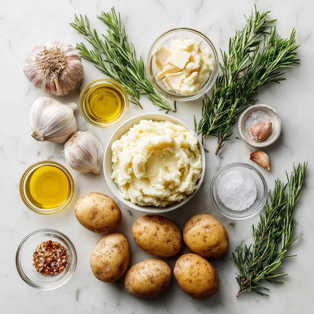 Fresh ingredients for making rosemary garlic mashed potatoes including yukon gold potatoes, garlic, rosemary and spices.