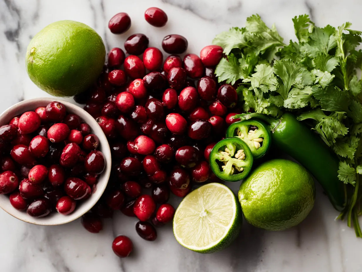 Fresh cranberries, jalapenos, red onion, and cilantro arranged as ingredients for spicy cranberry salsa