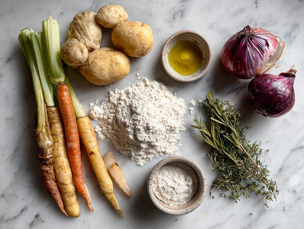 Fresh ingredients including carrots, celery, onion, garlic, and herbs for making vegan dumpling stew.