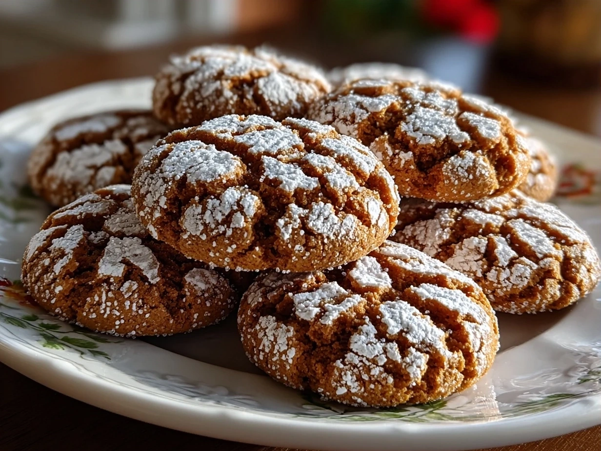Finished Gingerbread Crinkle Cookies piled on a plate