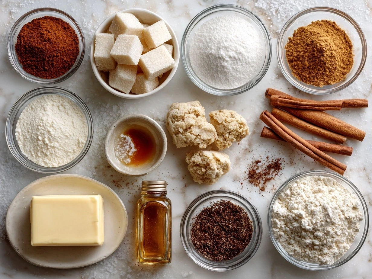 Ingredients for Gingerbread Crinkle Cookies including flour, spices, butter, sugar, molasses, and egg
