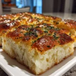 Golden, bubbly overnight no knead focaccia bread on a wooden board.
