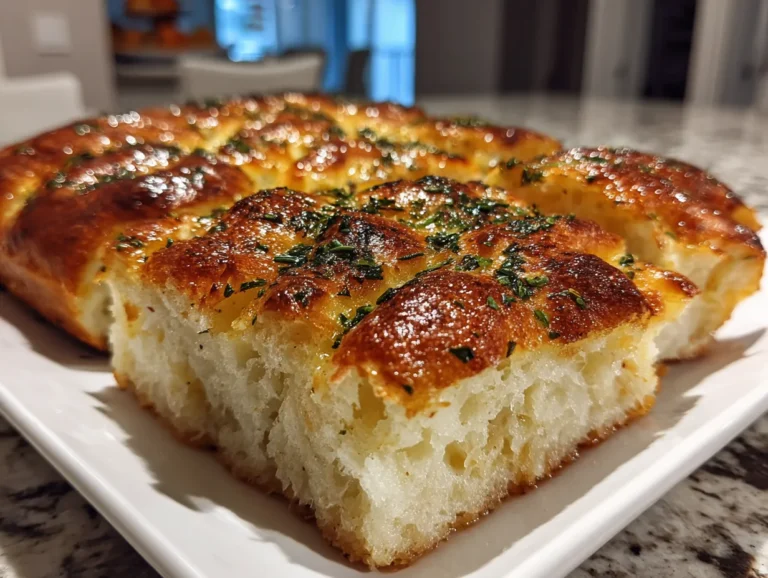 Golden, bubbly overnight no knead focaccia bread on a wooden board.