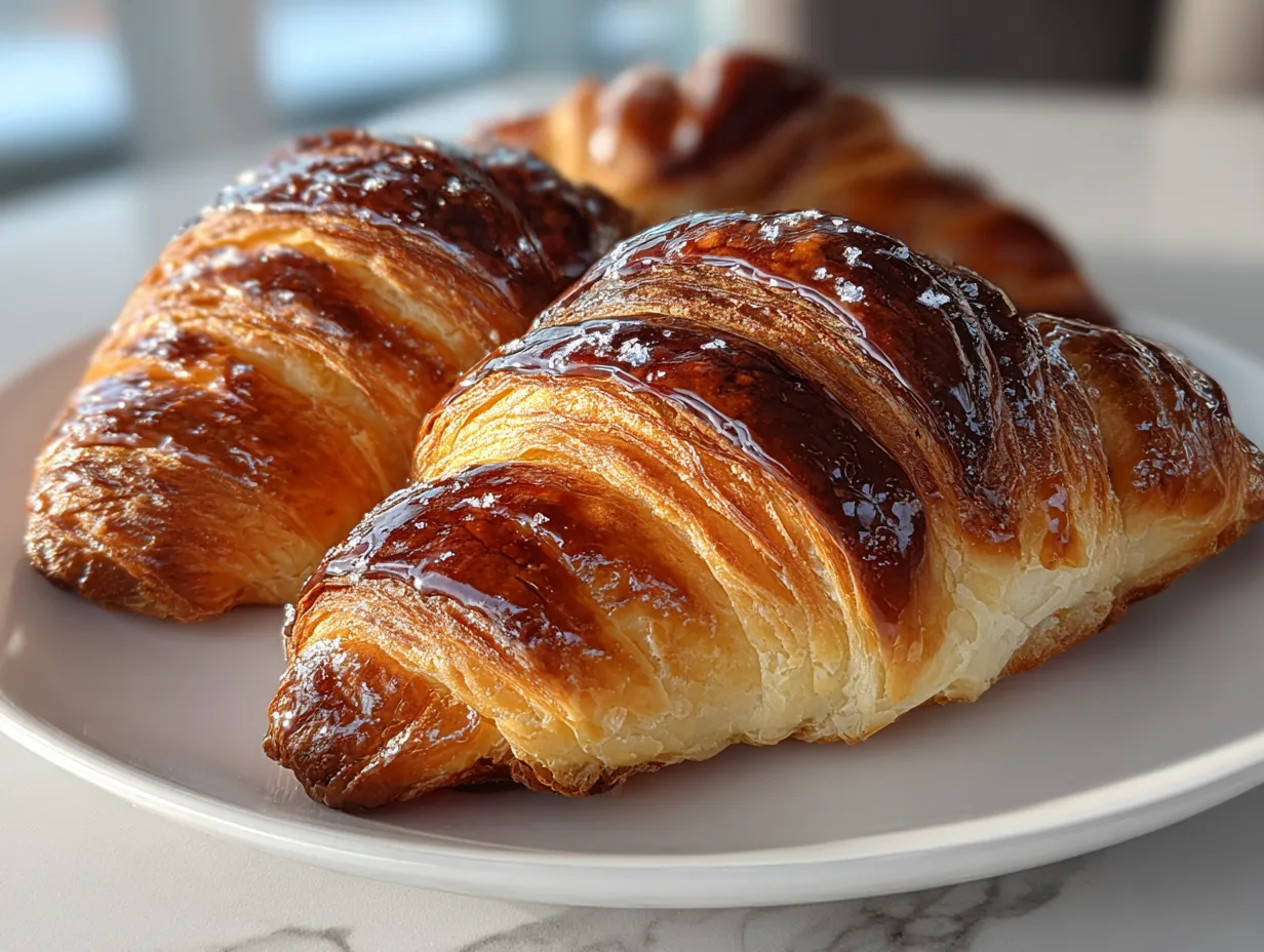 Finished Homemade Chocolate Croissants on a plate.