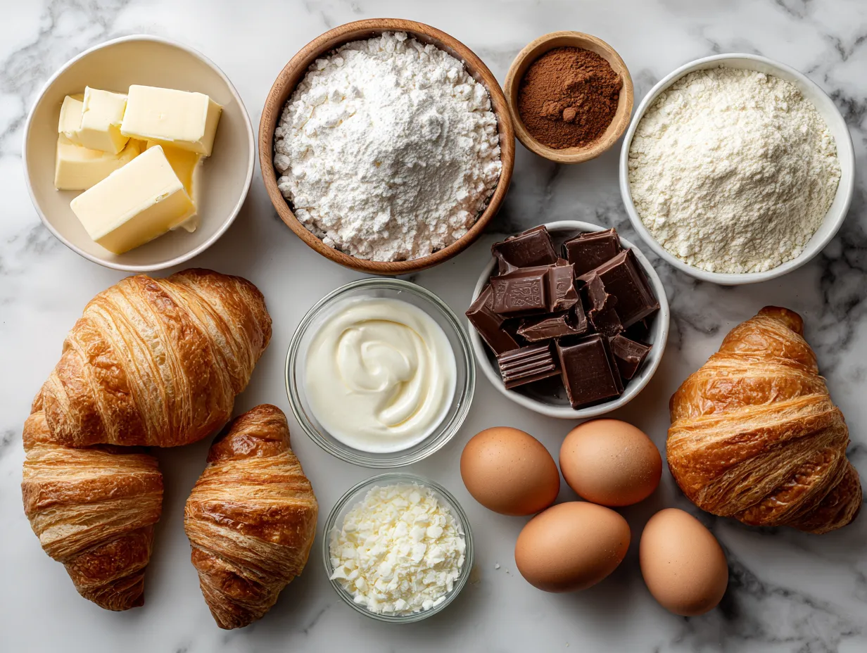 Ingredients for Homemade Chocolate Croissants including flour, sugar, yeast, butter, chocolate, and milk.