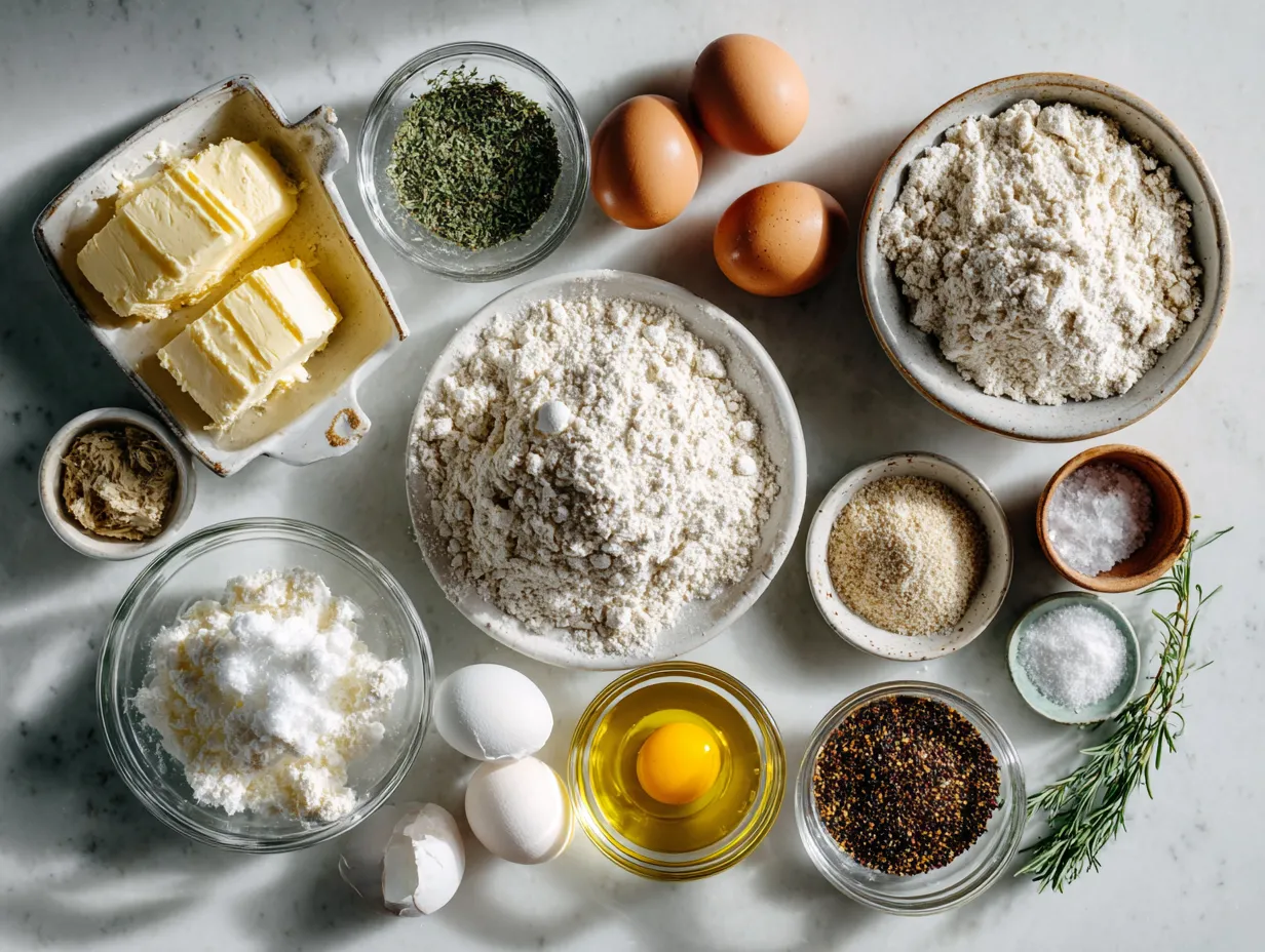 Ingredients for poppy seed chicken casserole including shredded chicken, cream of chicken soup, sour cream, mayonnaise, poppy seeds, garlic powder, pepper, Ritz crackers, and butter