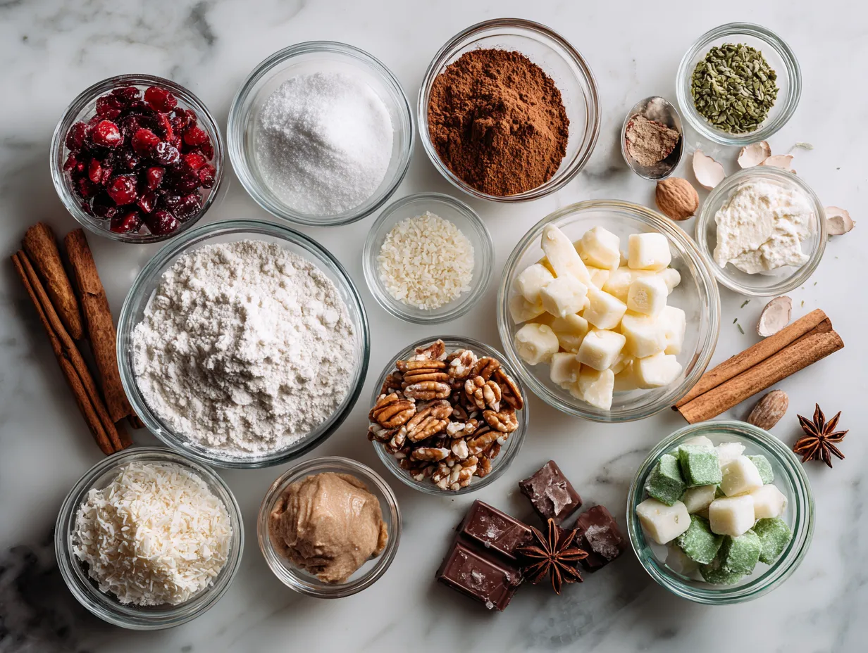 Ingredients for Christmas Cracker Candy: saltine crackers, butter, brown sugar, vanilla extract, sea salt, chocolate chips and various toppings