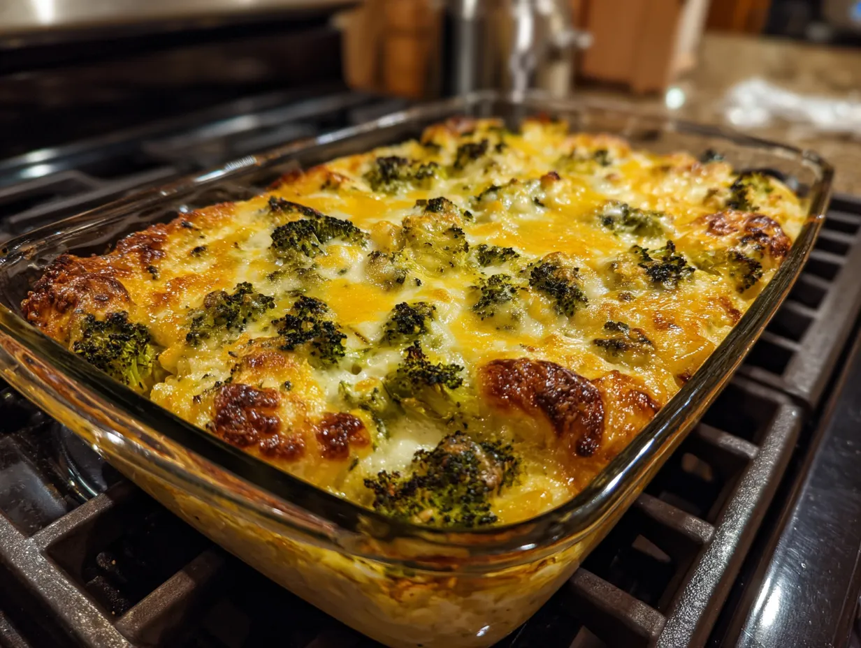Golden brown and bubbly Broccoli Cheese Rice Casserole fresh out of the oven