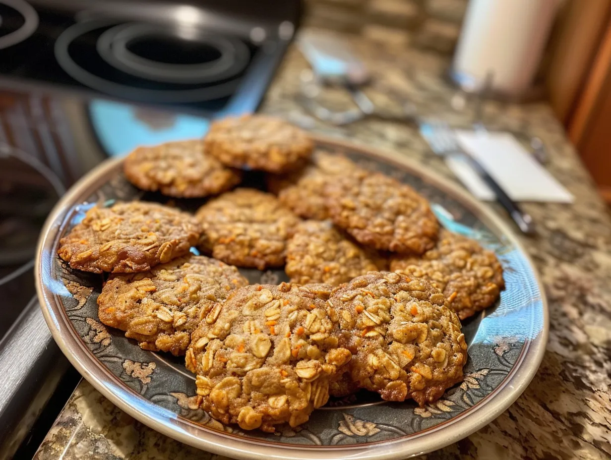 A batch of freshly baked, golden-brown carrot cake oatmeal cookies, showcasing their delicious texture and appearance.