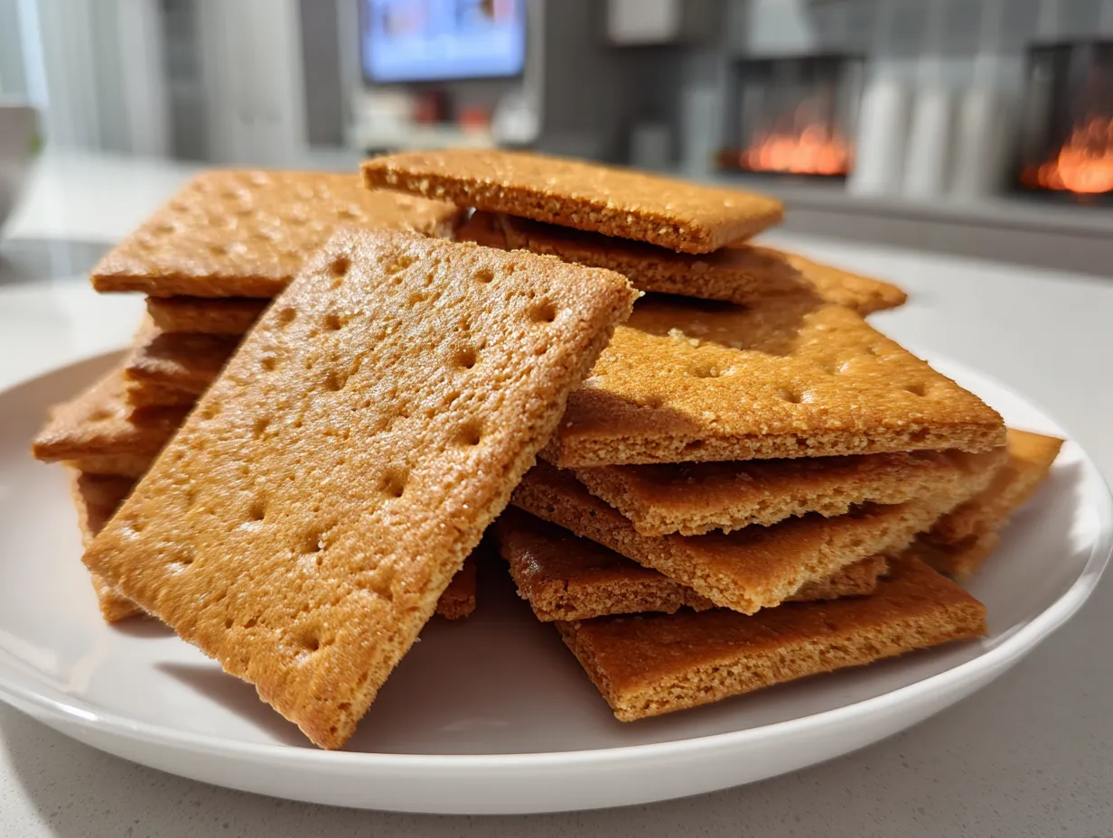 Finished homemade graham crackers stacked and ready to eat.