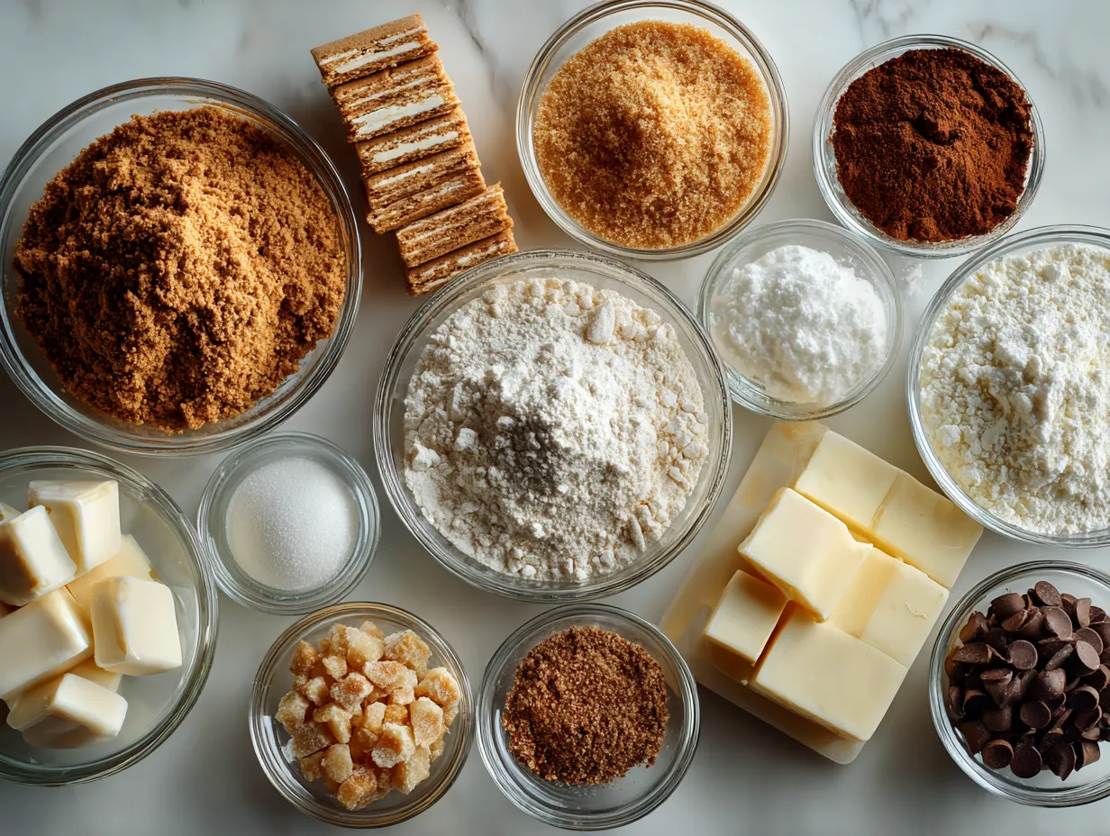 Ingredients for making homemade graham crackers including flour, butter, honey and spices.