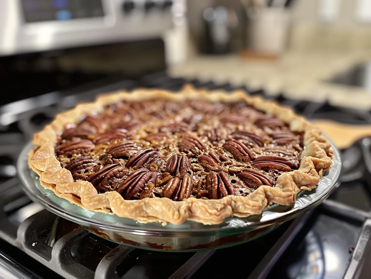 A delicious homemade Layered Chocolate Pecan Pie, ready to be served.