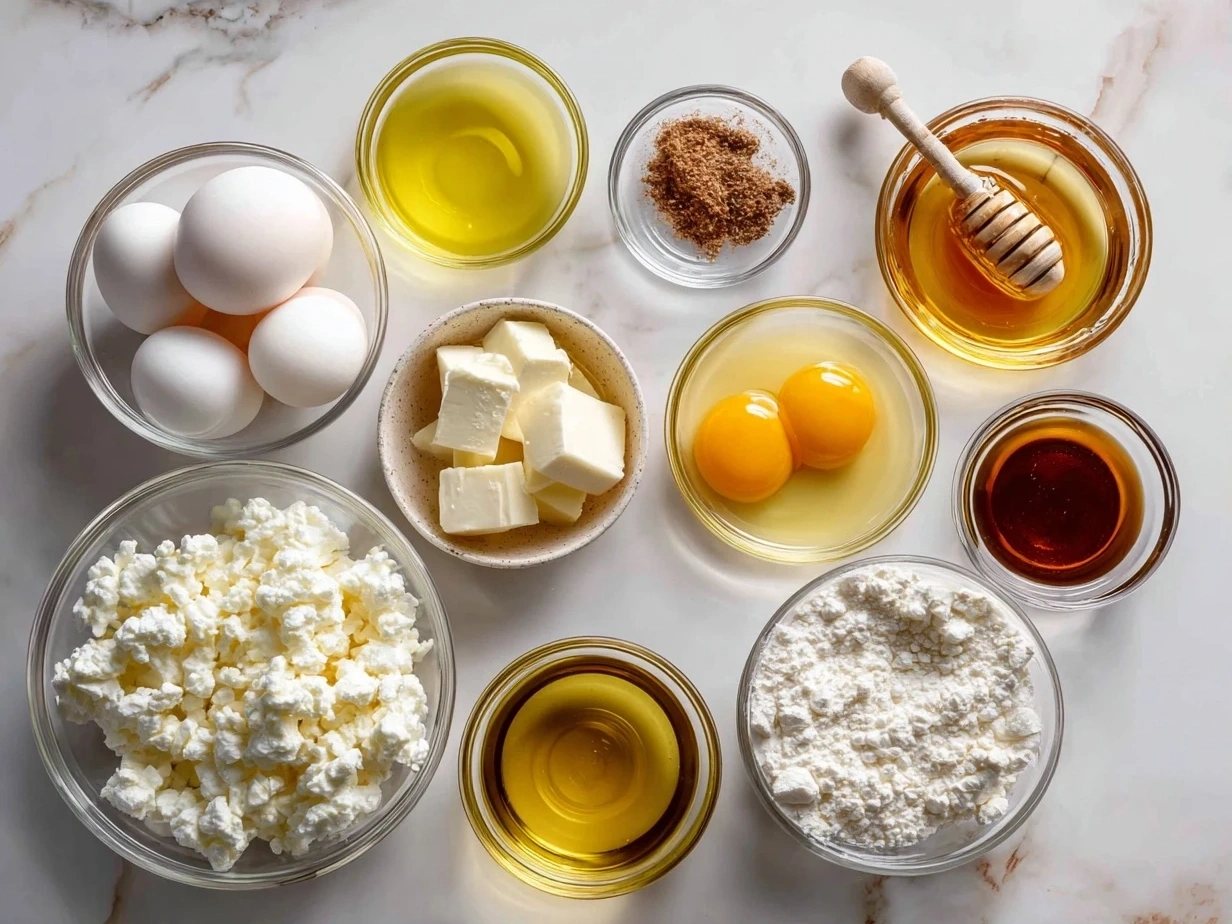 Ingredients for hot honey mozzarella eggs including eggs, mozzarella, butter, and hot honey