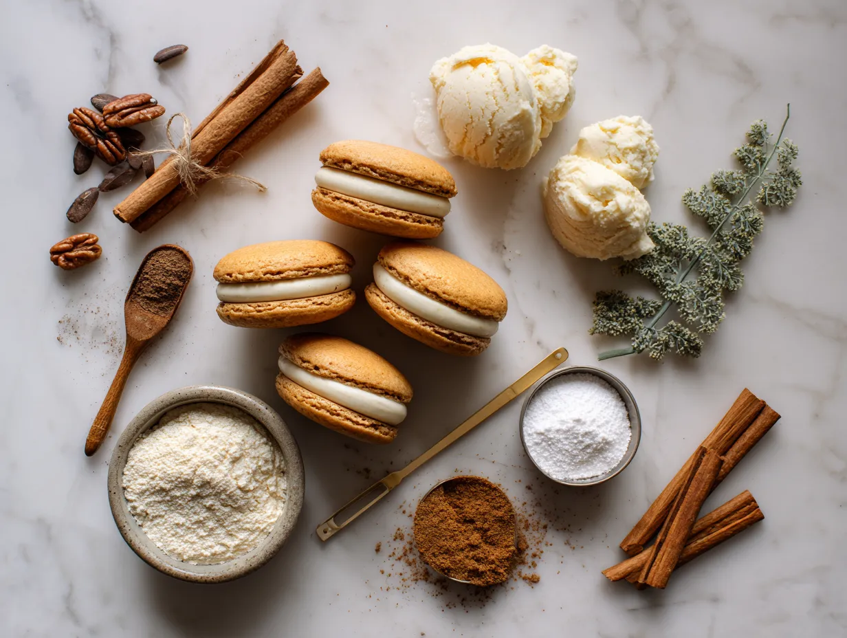 Ingredients for making apple cider whoopie pies displayed on a marble surface