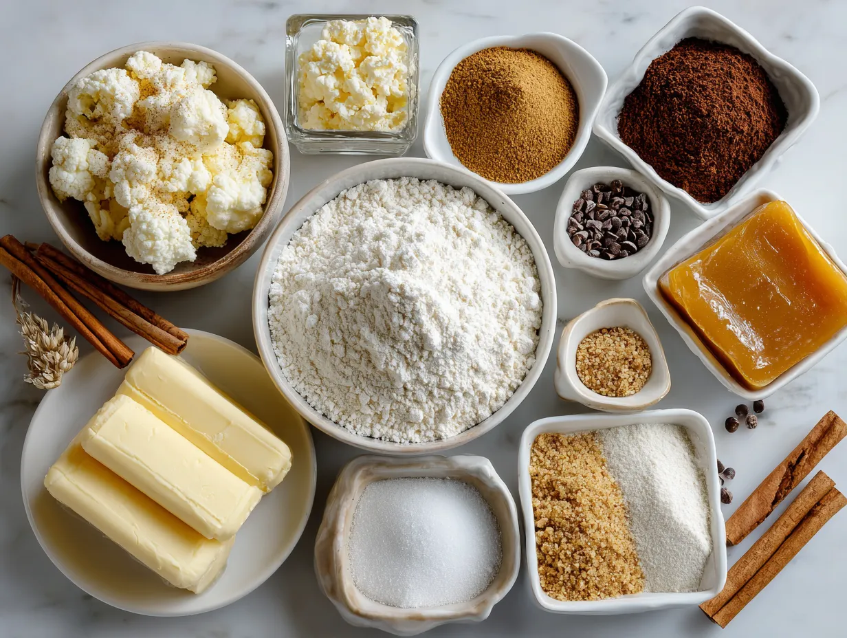 Ingredients for Caramel Apple Cheesecake Bars: graham cracker crumbs, butter, sugar, cream cheese, vanilla extract, eggs, apples, brown sugar, cinnamon, and caramel sauce.