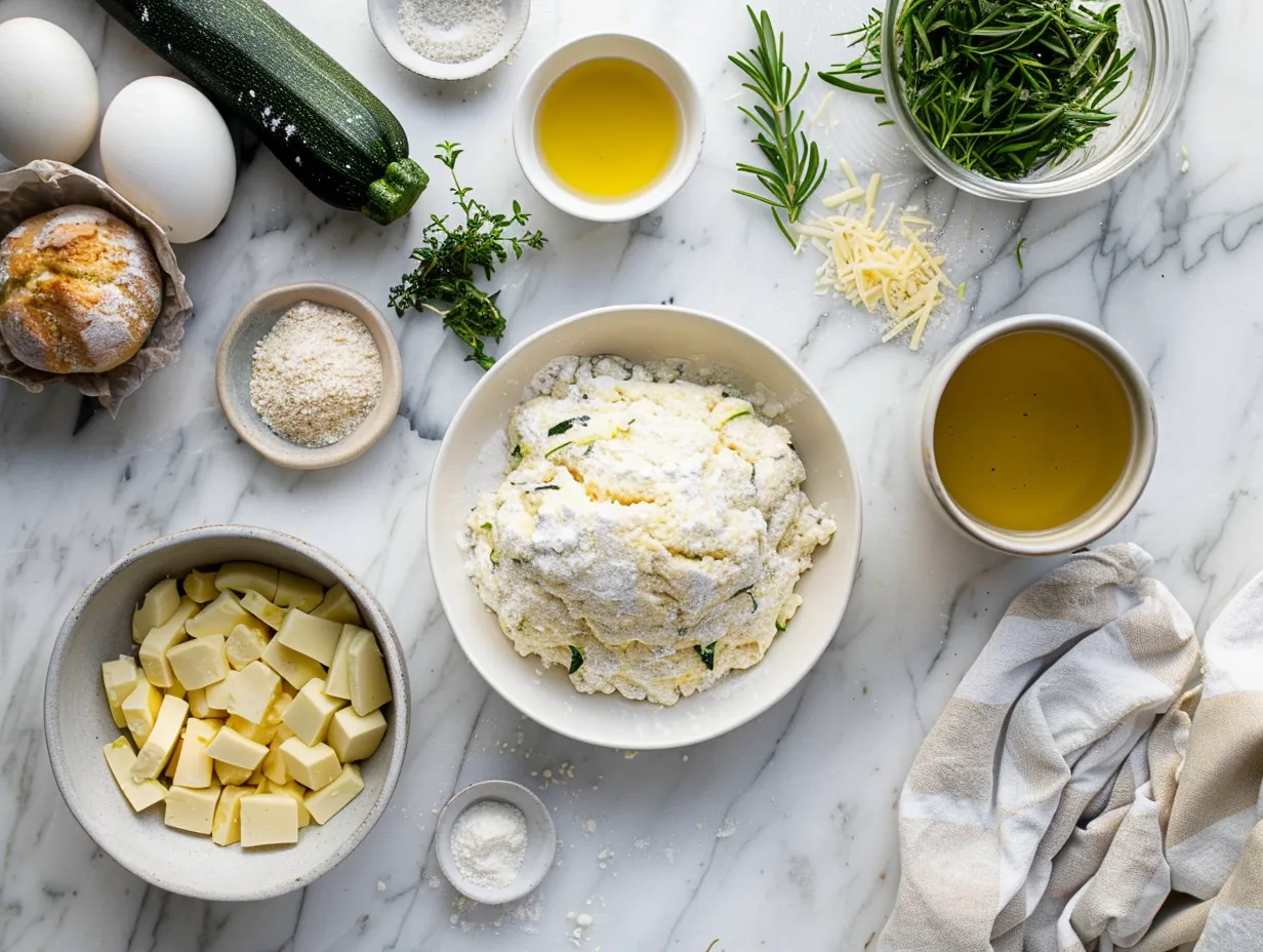 Ingredients for cheddar zucchini scones on a marble countertop