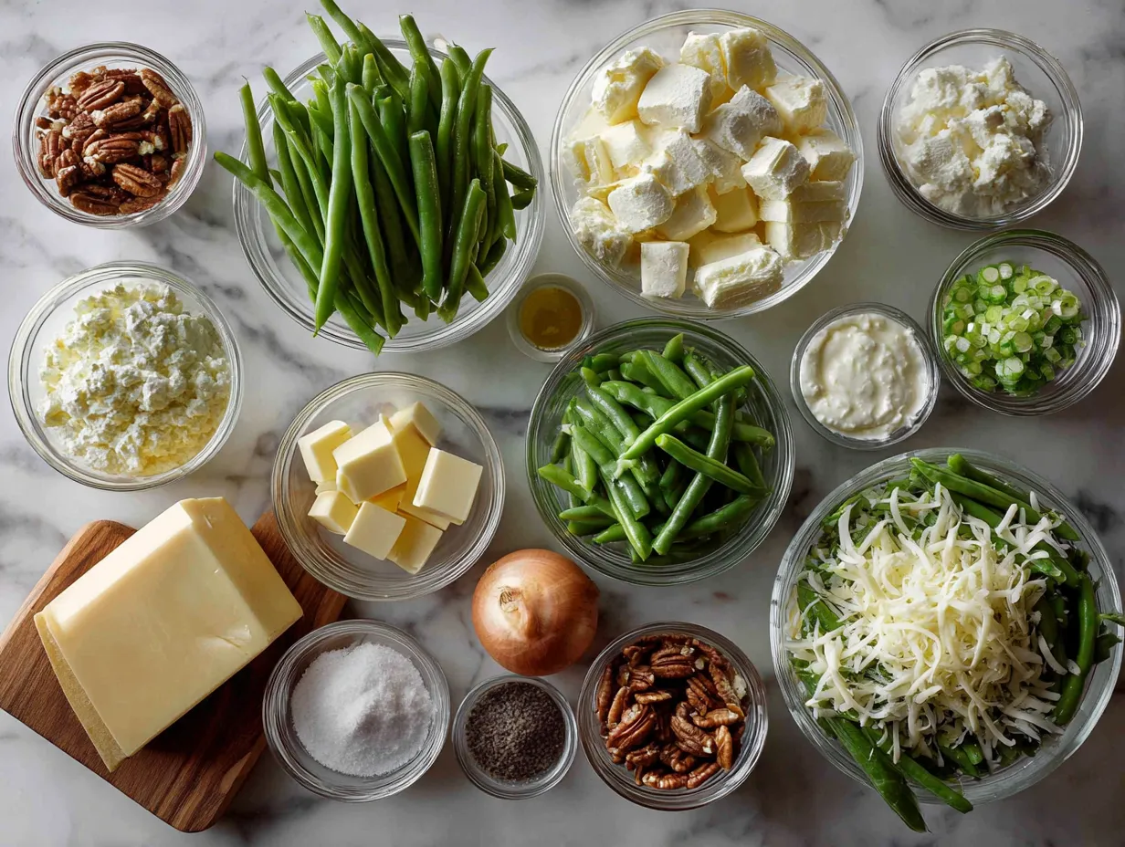 Ingredients for cheesy green bean casserole including green beans, cheese, onions, mushrooms, and fried onions.