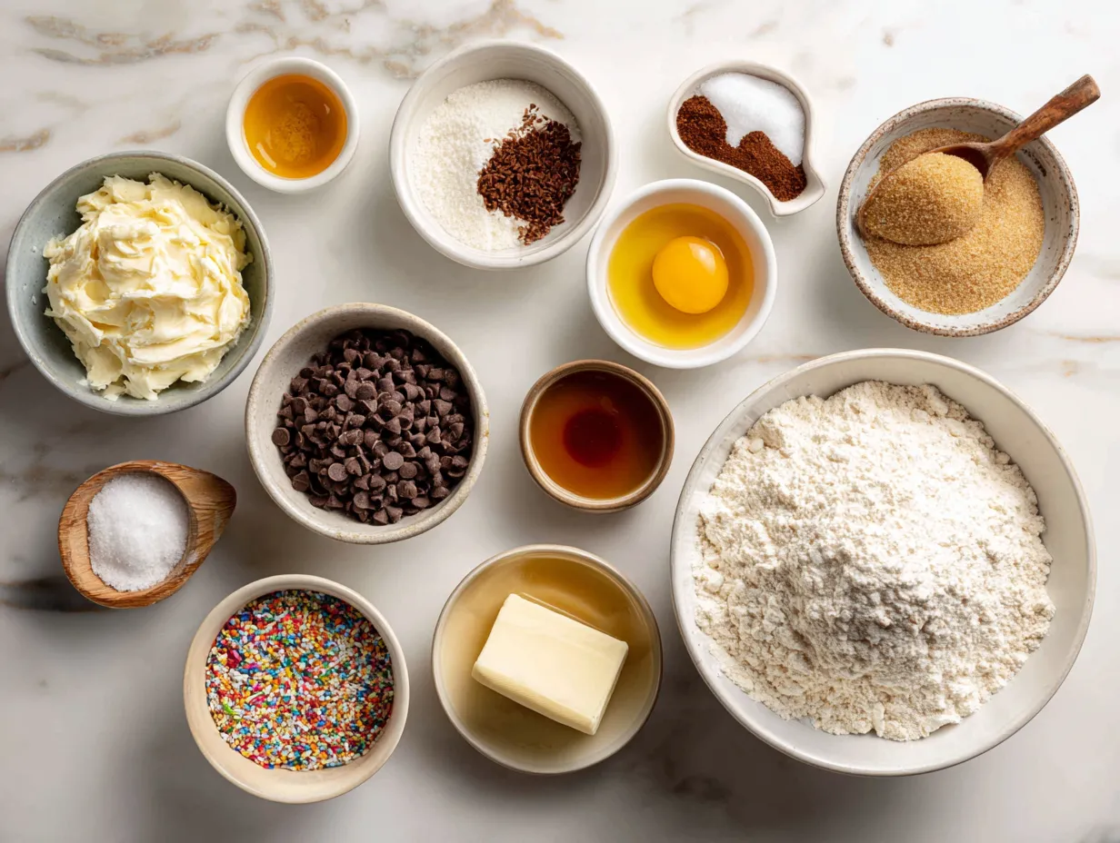 Ingredients for making Chocolate Chip Cheesecake Ball: cream cheese, butter, sugar, vanilla, salt, powdered sugar, chocolate chips
