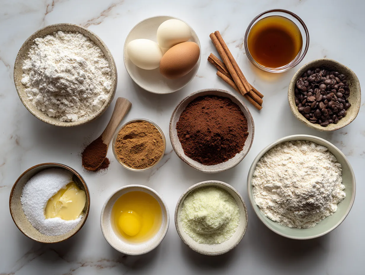 Ingredients needed to make cinnamon roll zucchini bread including flour, sugar, spices, zucchini and more