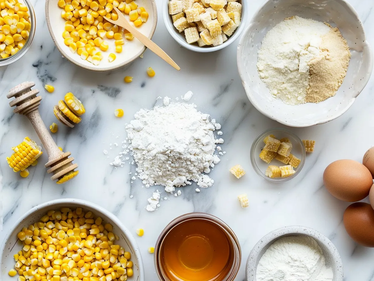 Ingredients for Honey-Glazed Corn Casserole, including canned corn, sour cream, butter, eggs, flour, honey, and spices.