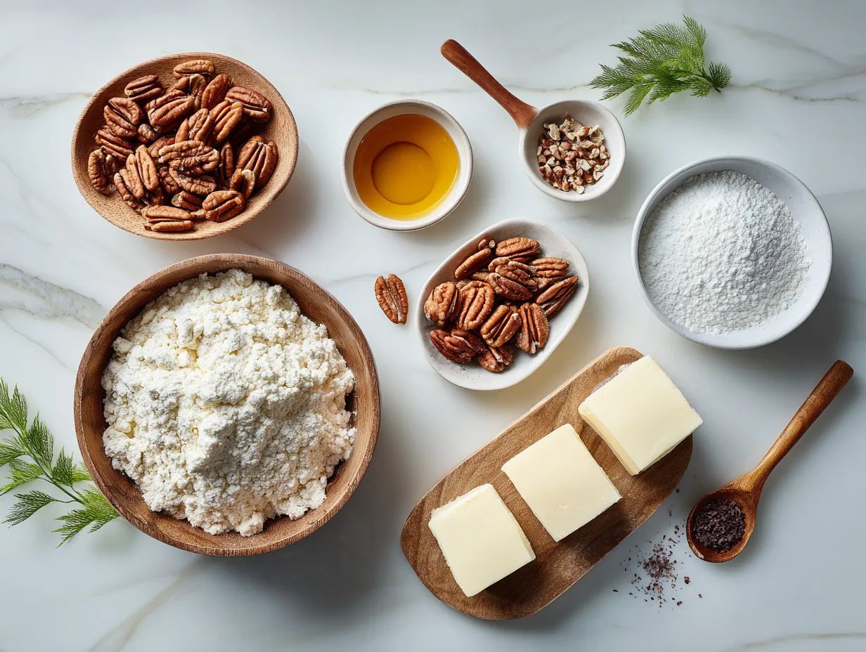 Ingredients for making a pineapple pecan cheese ball, including cream cheese, crushed pineapple, pecans, green onions, brown sugar, and spices.