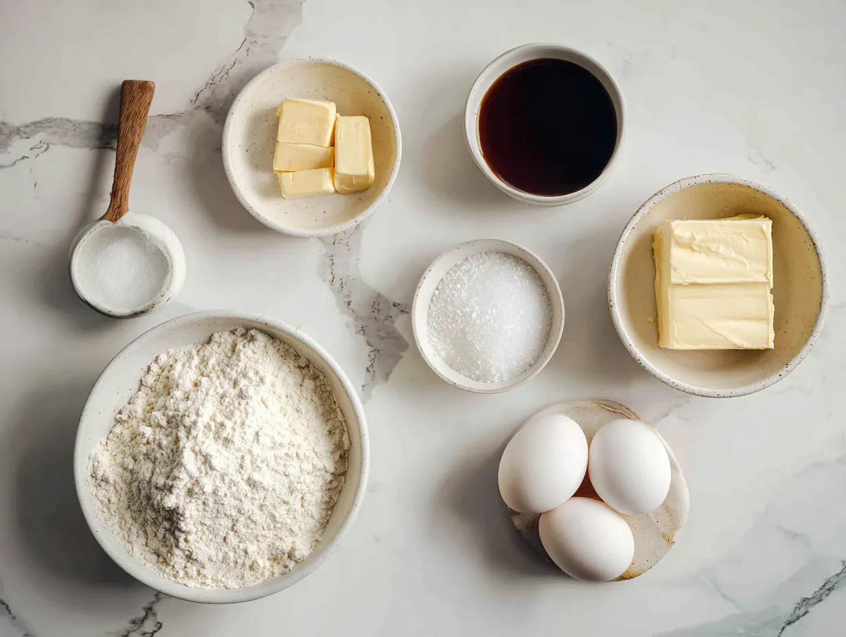 Ingredients needed to make puff pastry brie bites: puff pastry, brie cheese, fruit preserves, egg, optional toppings like chopped pecans, flour, and cooking spray