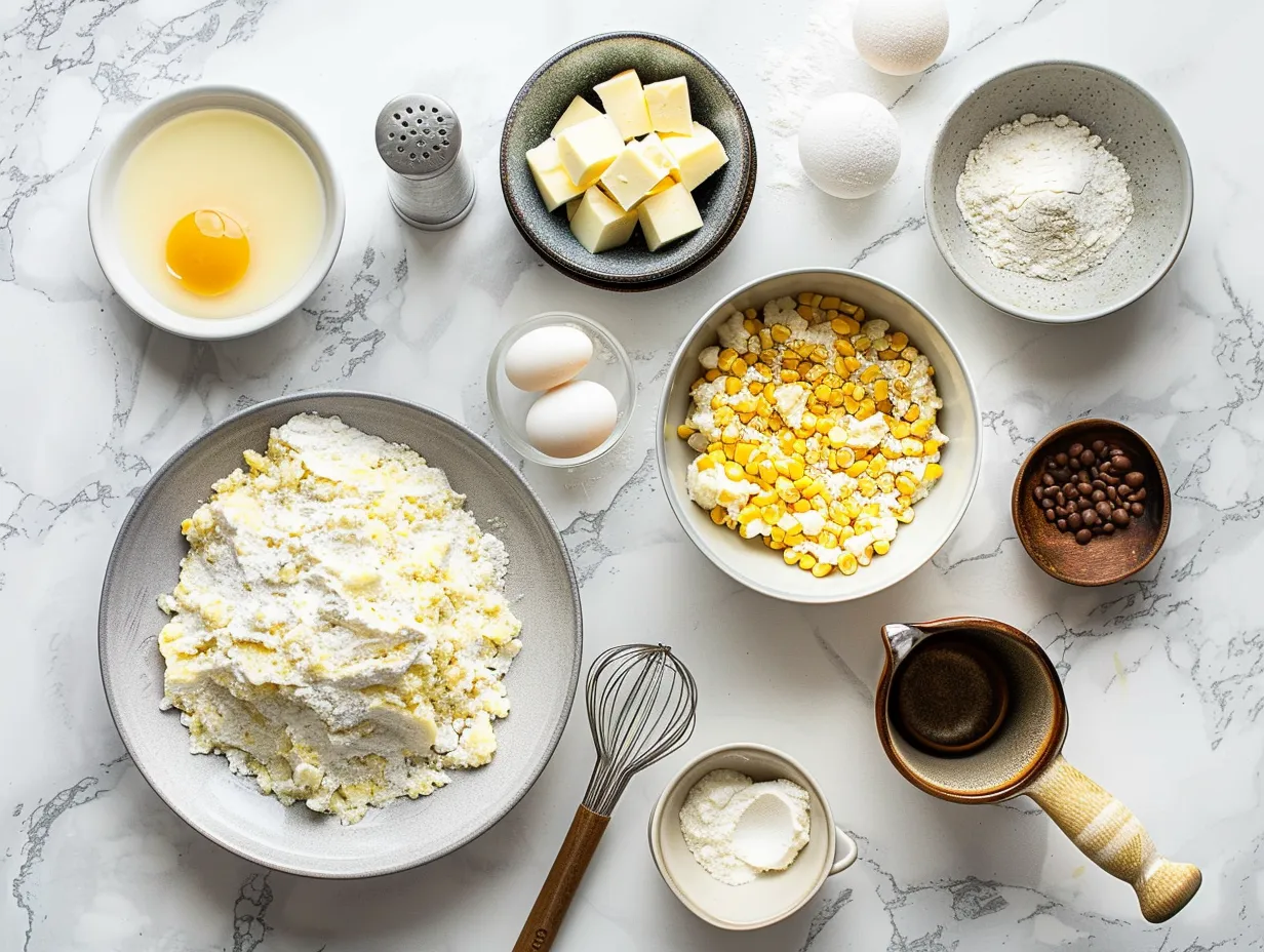 Ingredients for making Sweet Corn Spoonbread Casserole including canned corn, sour cream, cheddar cheese, and spices.