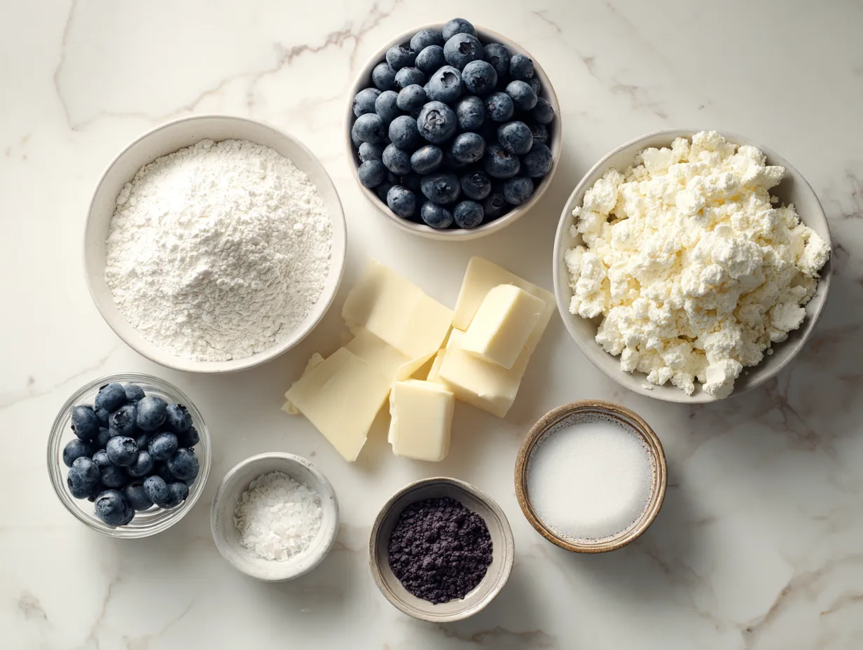 Ingredients needed to make White Chocolate Blueberry Cheesecake including graham crackers, butter, cream cheese, blueberries, and white chocolate