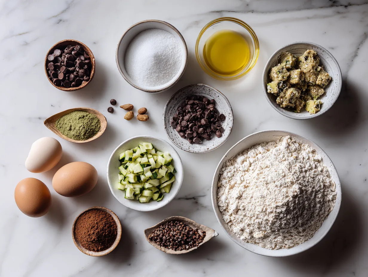 Ingredients for making delicious zucchini cookie bars including flour, sugar, eggs, zucchini and chocolate chips