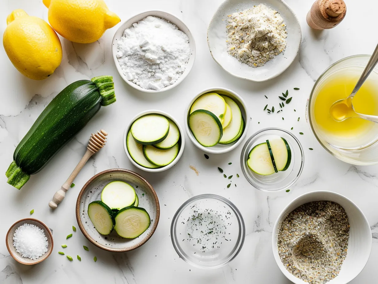Ingredients for making zucchini muffins displayed on a marble countertop