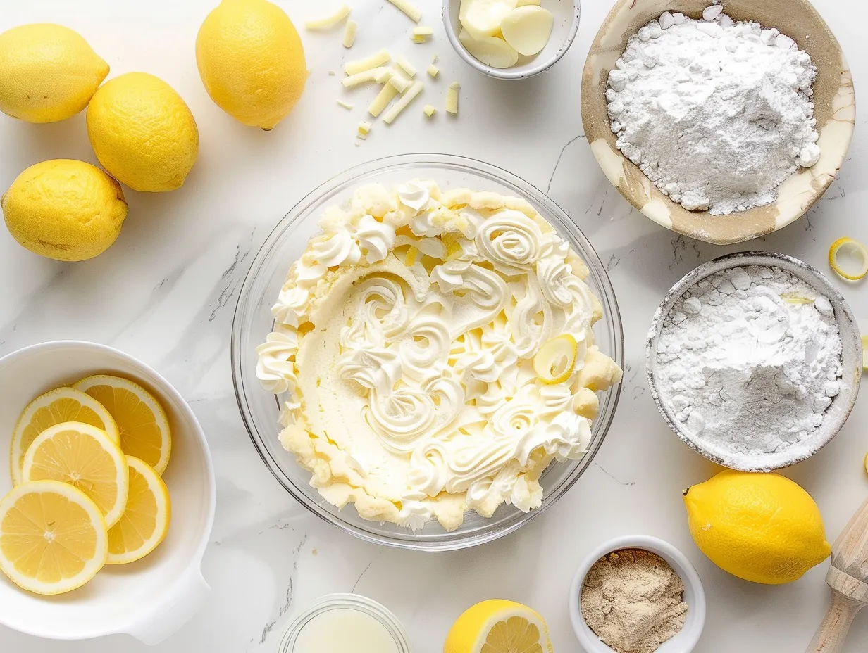 Lemon Cream Pie ingredients: graham cracker crumbs, butter, sugar, sweetened condensed milk, lemon juice, egg yolks, heavy cream, and powdered sugar