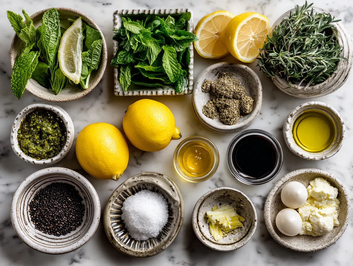Ingredients for Lemon Vinaigrette Dressing including lemons, olive oil, honey, mustard, and garlic.