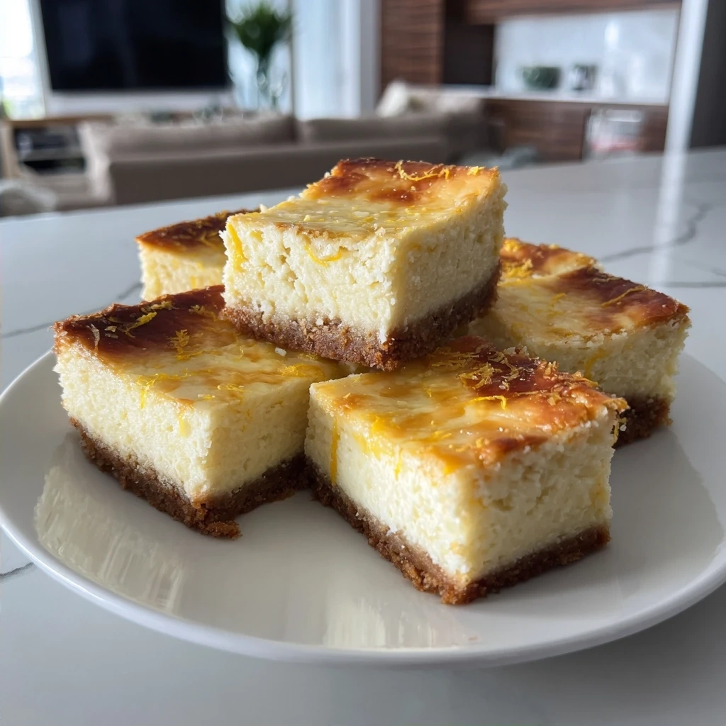 Lemon Marbled Cheesecake Bars arranged on a plate.