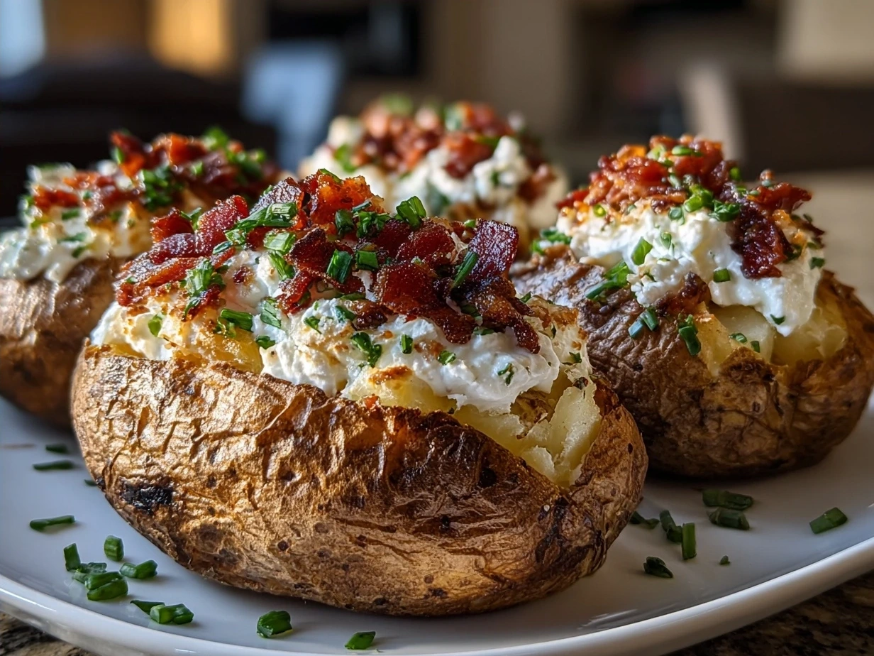 Final shot of fully loaded baked potatoes with cheese, bacon, and chives