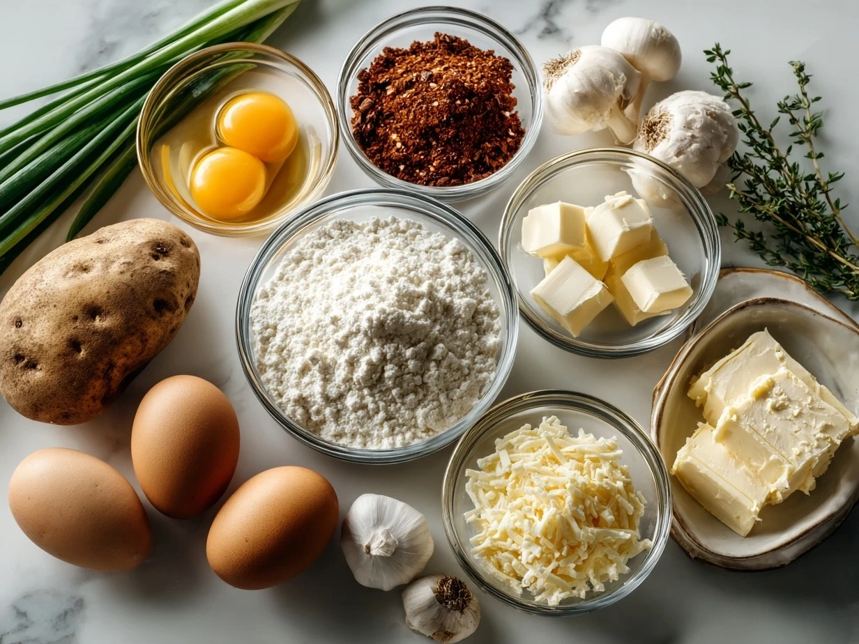 Ingredients for loaded baked potatoes: russet potatoes, olive oil, sea salt, black pepper, cheddar cheese, sour cream, bacon, chives