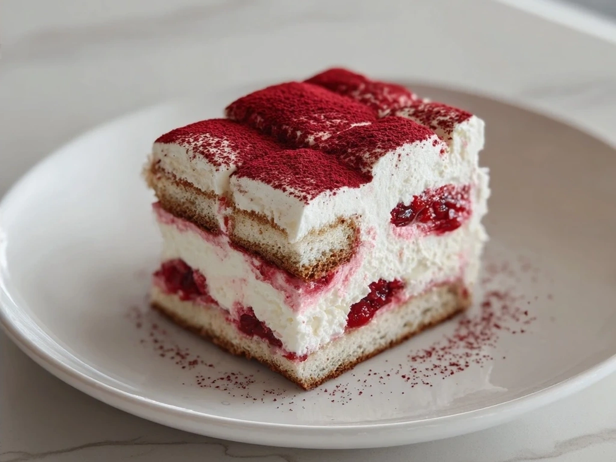 Finished Luxe Cranberry Tiramisu garnished with fresh cranberries and powdered sugar.