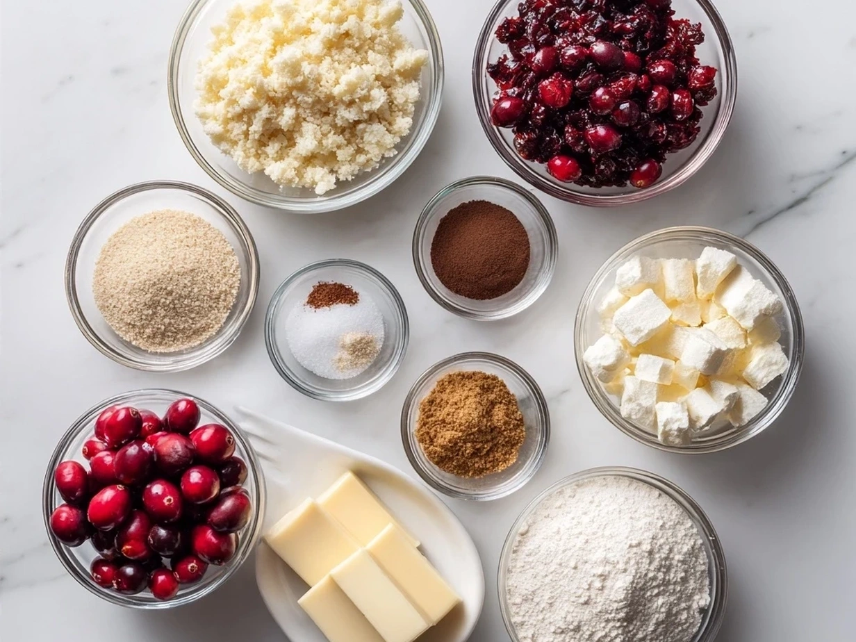 Ingredients for Luxe Cranberry Tiramisu including ladyfingers, mascarpone, cranberries, and coffee.