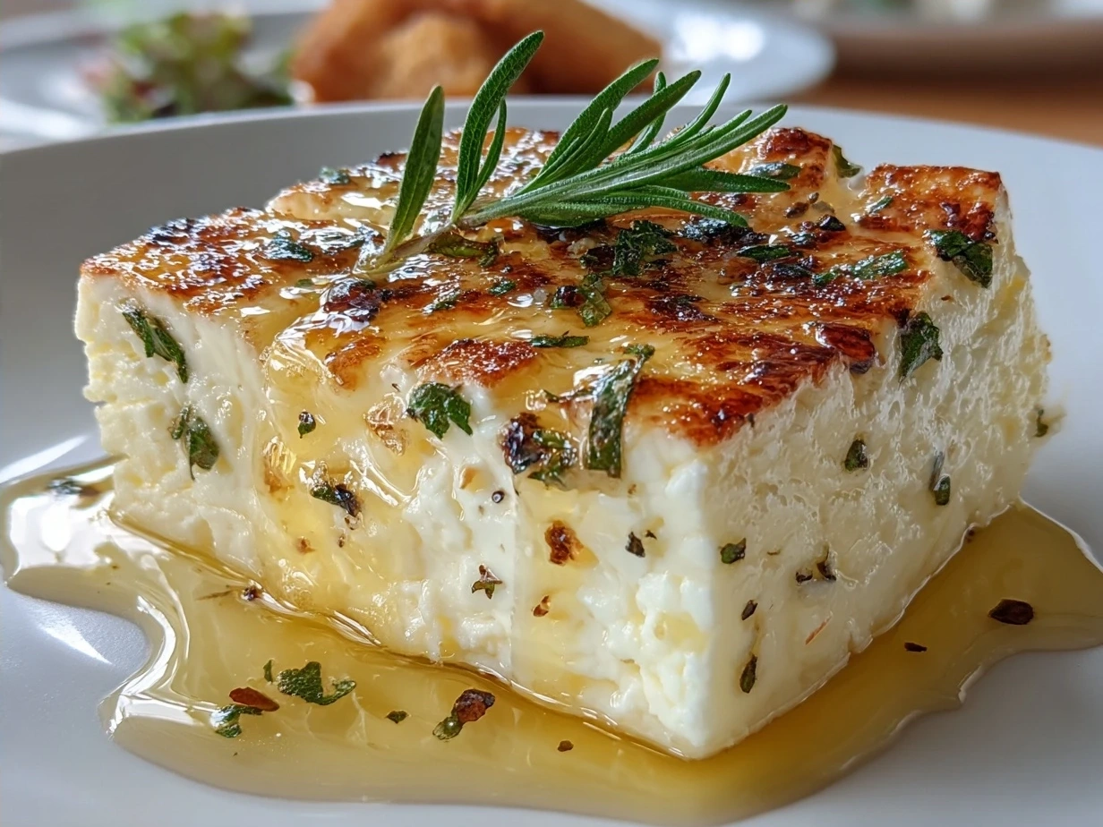 Final presentation of marinated cheese with herbs and olive oil