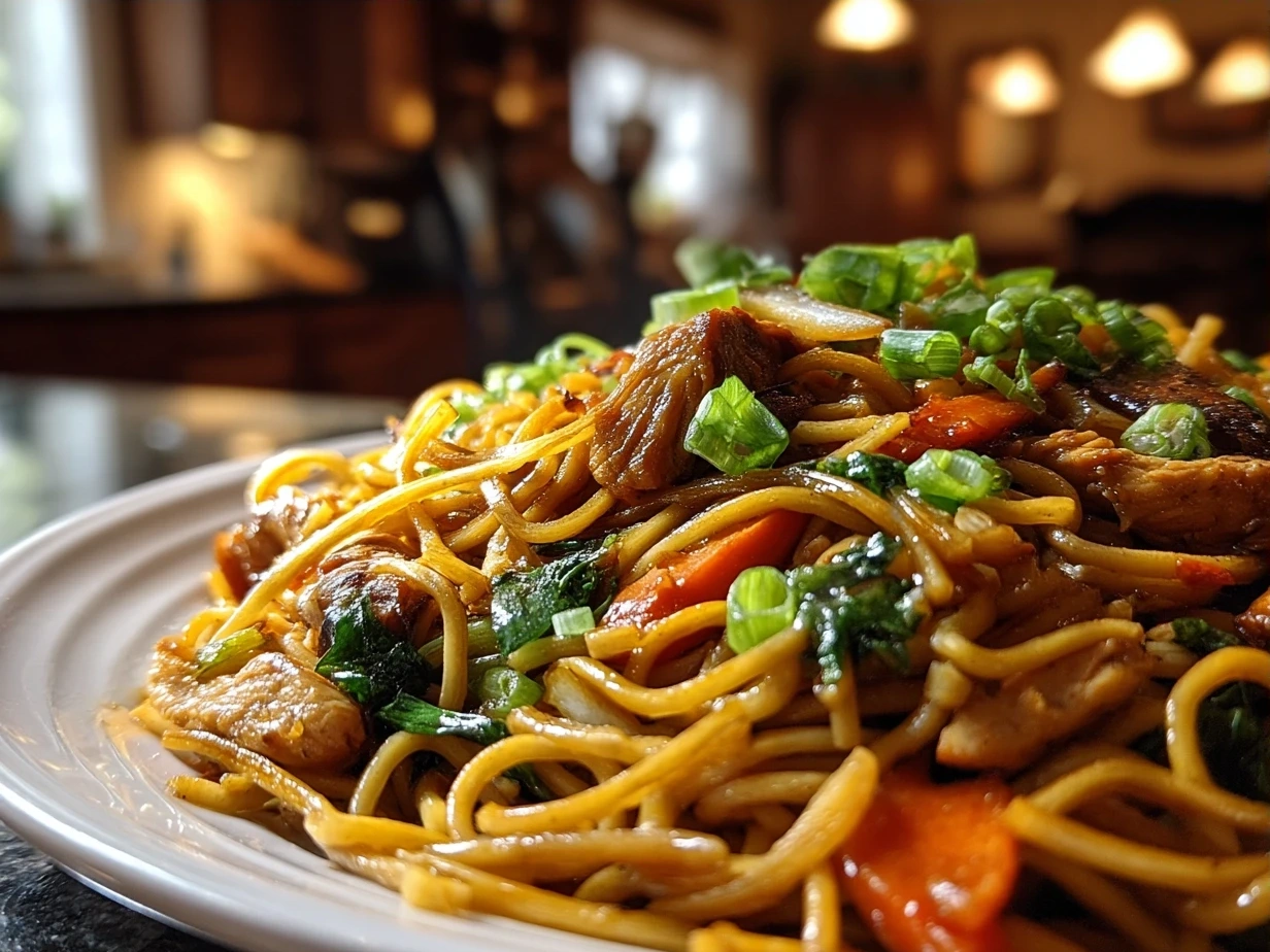 Finished One-Pan Chicken Lo Mein garnished with green onions and sesame seeds.