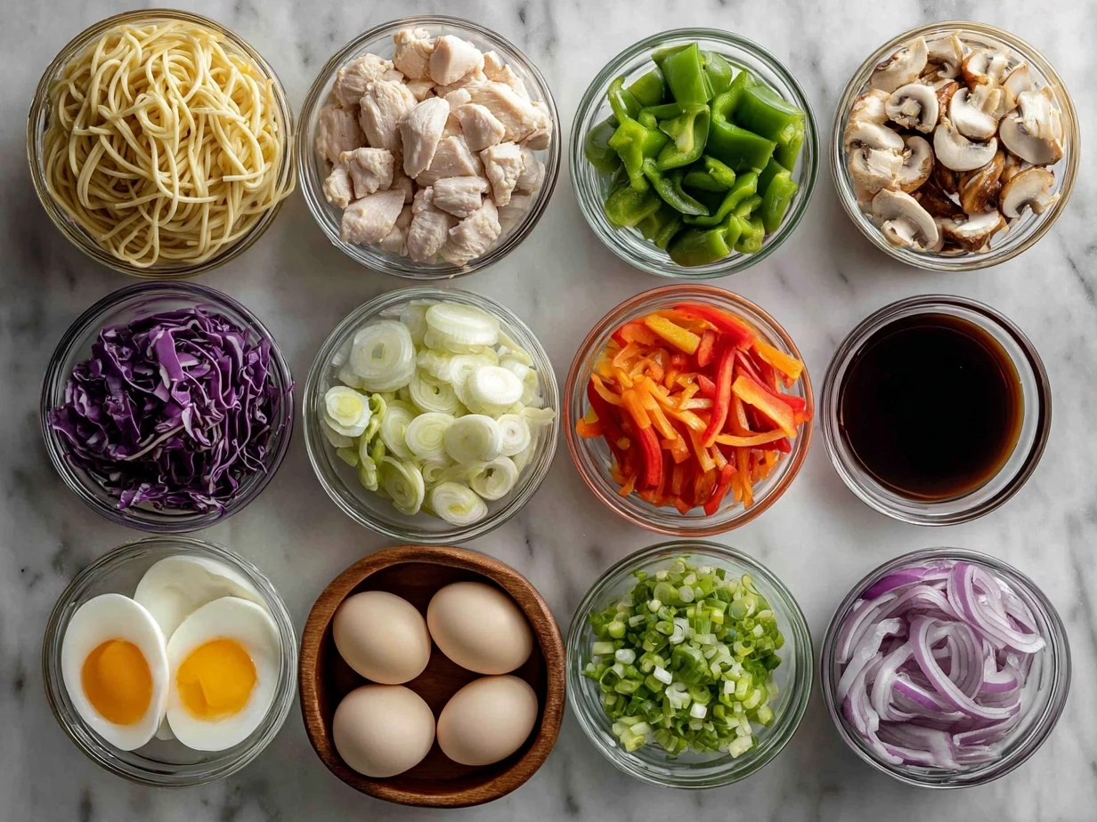 Ingredients for One-Pan Chicken Lo Mein including chicken, vegetables, noodles, and sauces.