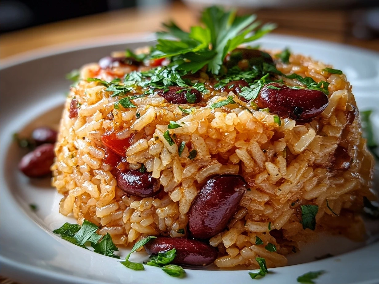 Finished one-pot red beans and rice, garnished and ready to serve.