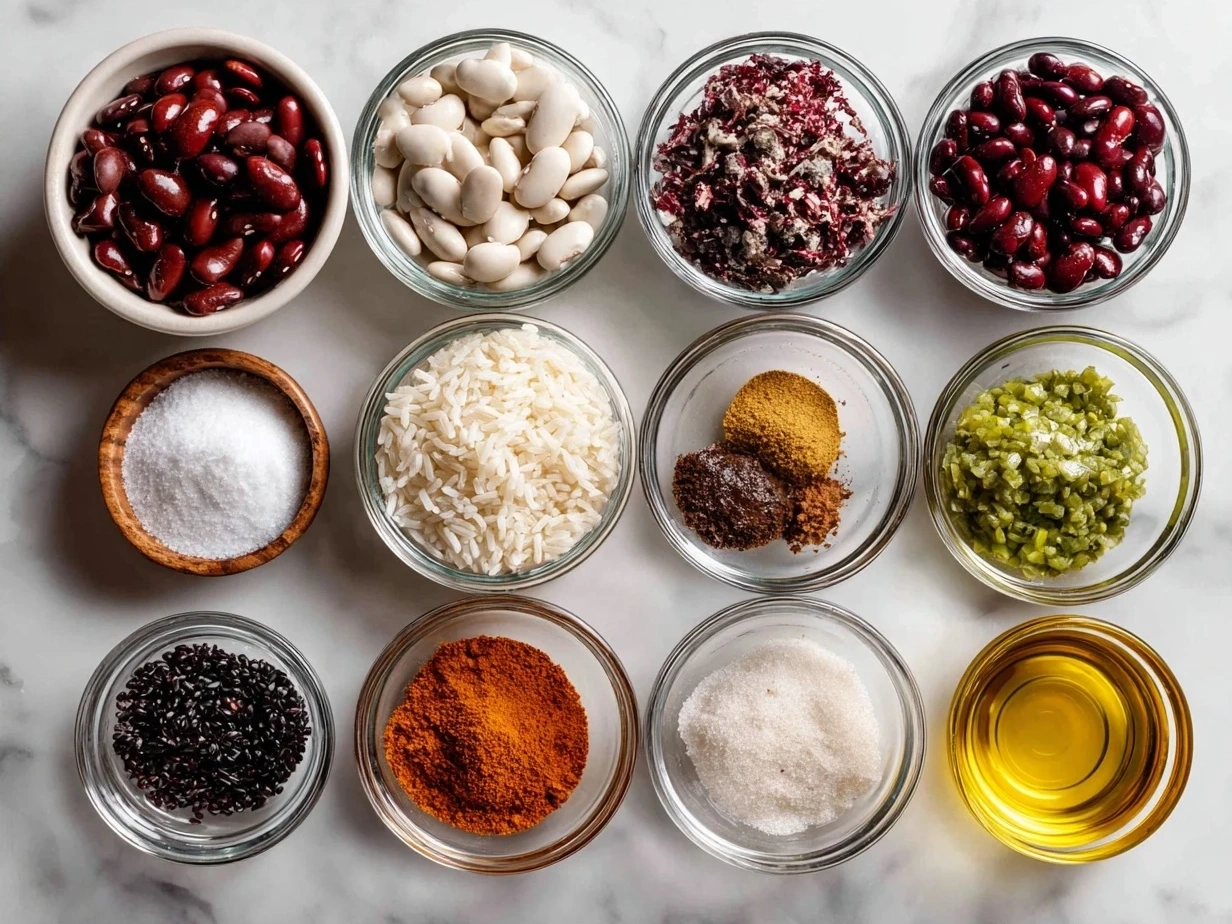 Ingredients for one-pot red beans and rice: beans, olive oil, onion, bell pepper, garlic, Cajun seasoning, smoked paprika, cayenne pepper, chicken broth, bay leaf, smoked sausage, rice, salt, and pepper.
