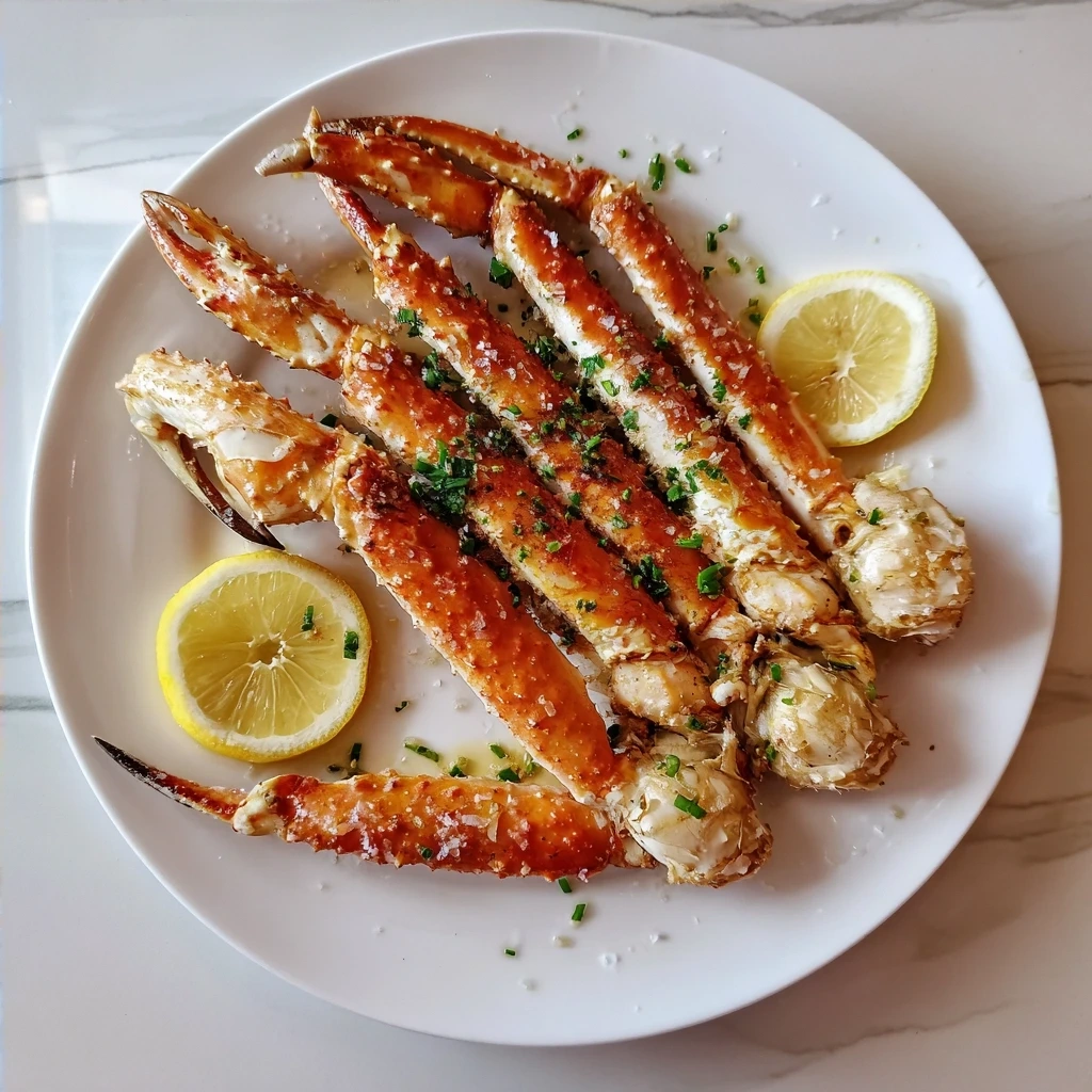 Delicious Oven Baked Snow Crab Legs plated with lemon wedges and parsley.