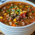 Overhead shot of a bowl of loaded hamburger soup