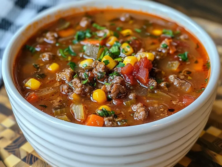 Overhead shot of a bowl of loaded hamburger soup
